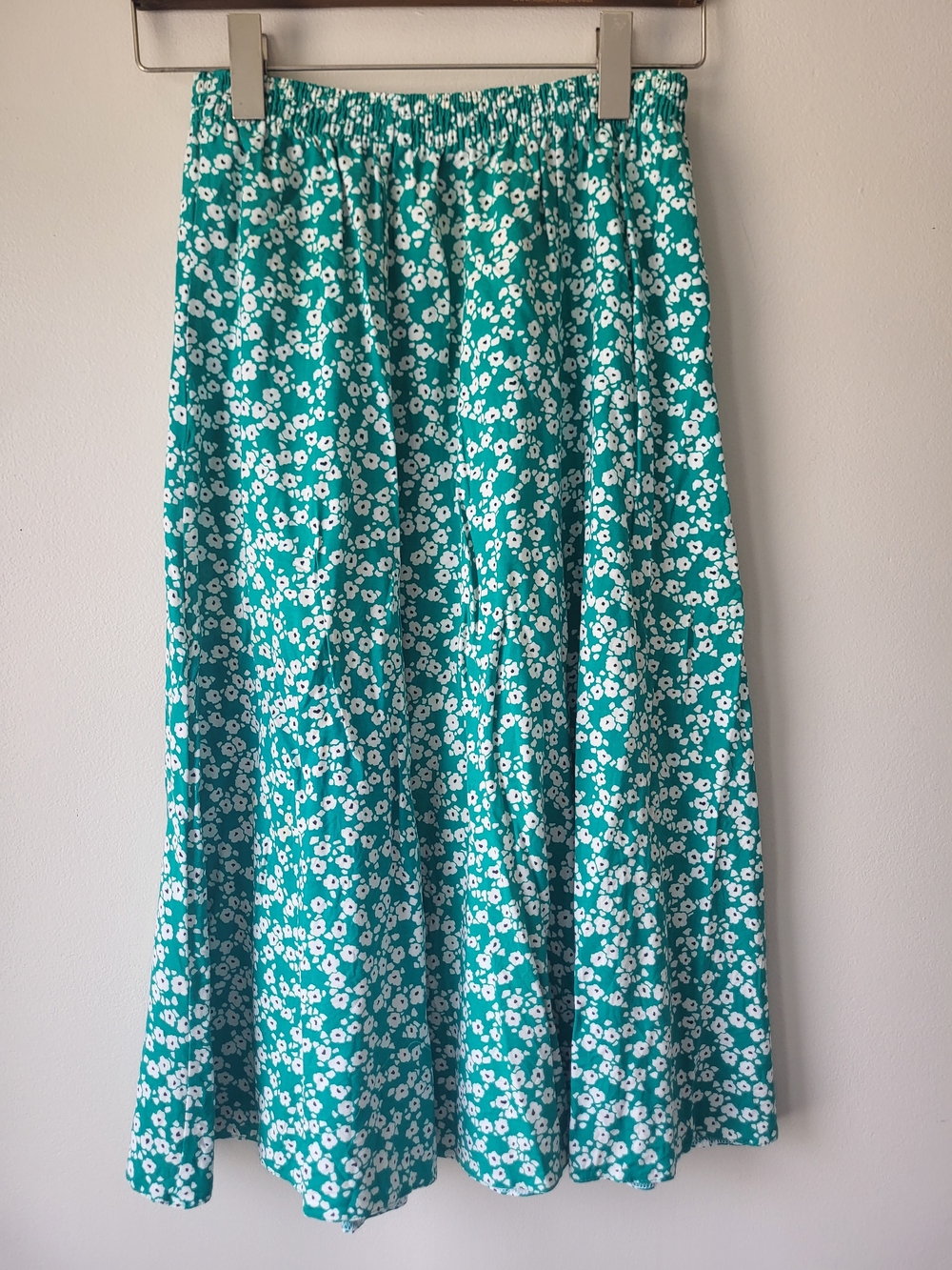 Teal Floral Midi Garden Girl Dopamine Feminine Skirt with Elastic Waist